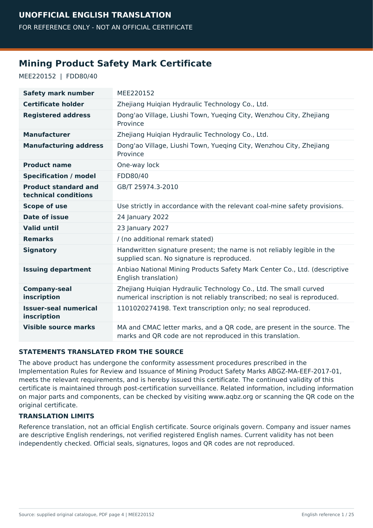 Unofficial English reference translation of MEE220152 for FDD80/40; no seals or signatures reproduced