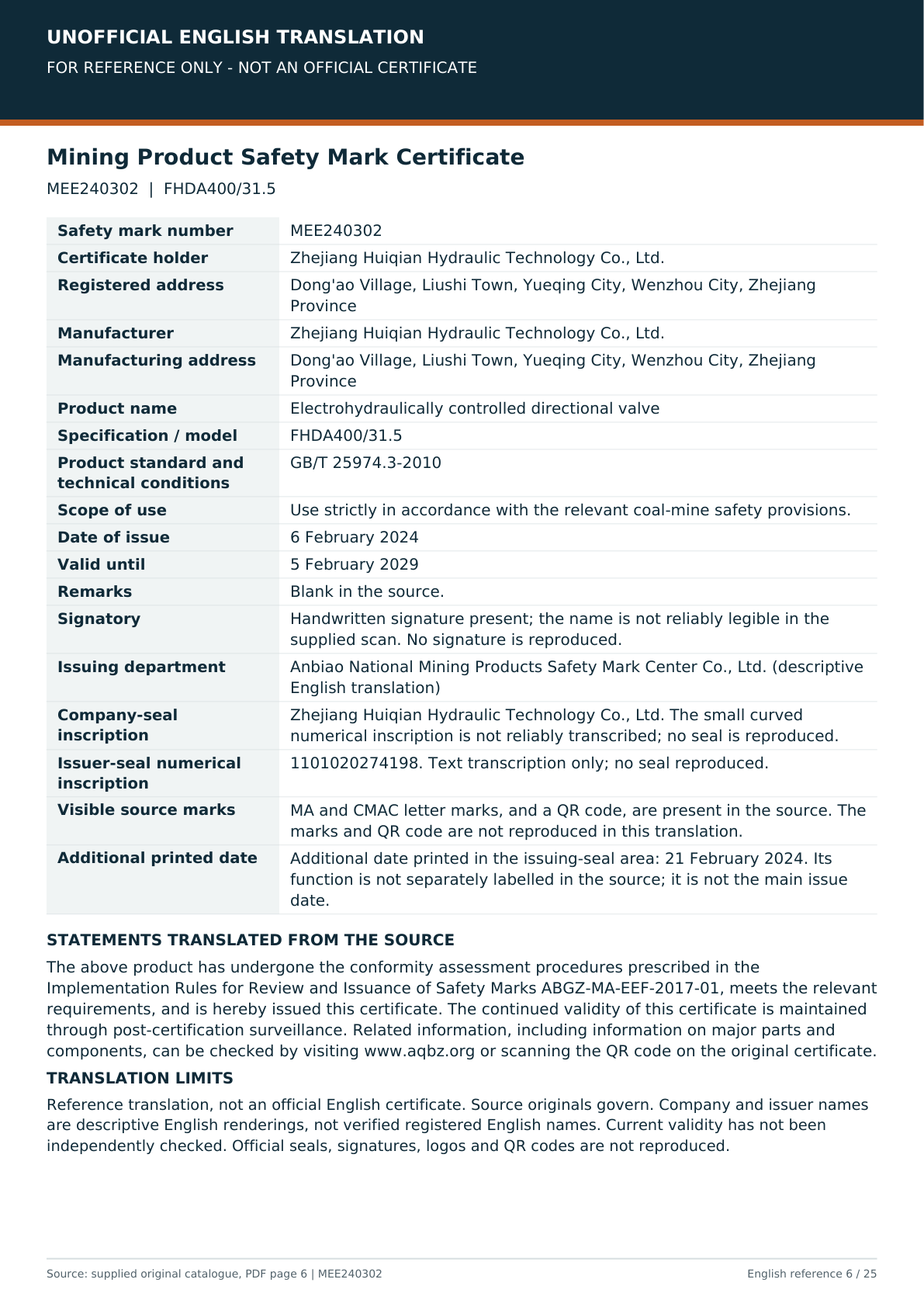 Unofficial English reference translation of MEE240302 for FHDA400/31.5; no seals or signatures reproduced